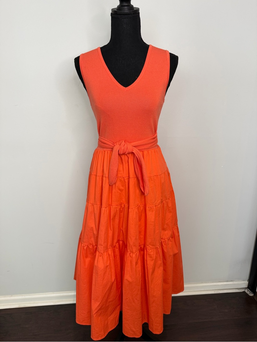 Jason Wu Orange Sleeveless V-Neck Bohemian Tiered Midi Tie Waist Dress - Size S